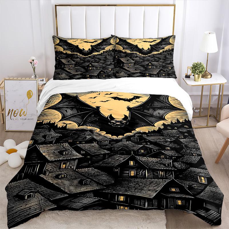 3pcs bedding set Halloween Bat Village Includes 1 Comforter + 2 Pillowcases, Without Pillow Inserts, Soft Comfortable, Lightweight Breathable083