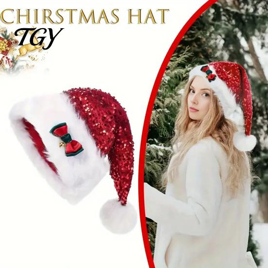 Cute Xmas Headgear for Family Christmas Sparkly Sequins Santa Hat Adults, Velvet Plush Glitter Bling Warm Winter Party Headwear with Fluffy Pompom New