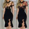 Women Slit Ruffles Hem Floral Pattern Slimming Lace Long Sleeve Dress