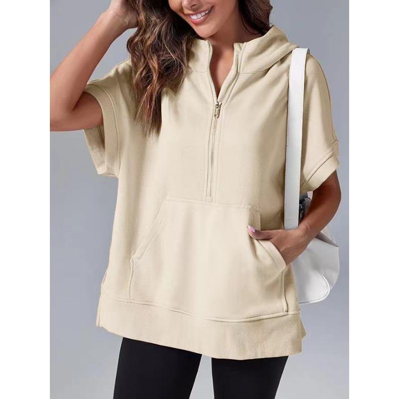 Женская весенняя новая однотонная повседневная толстовка с коротким рукавом и капюшоном