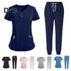 2Pcs/Set Unisex Hospital Uniform Set V-neck Short Sleeve Pockets Tops Elastic Waist Pants Set Quick Drying Hospital Dental Nursing Scrubs Uniforms