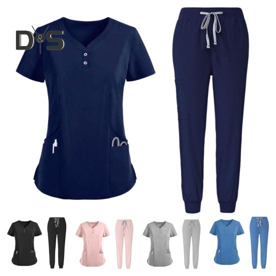 2Pcs/Set Unisex Hospital Uniform Set V-neck Short Sleeve Pockets Tops Elastic Waist Pants Set Quick Drying Hospital Dental Nursing Scrubs Uniforms