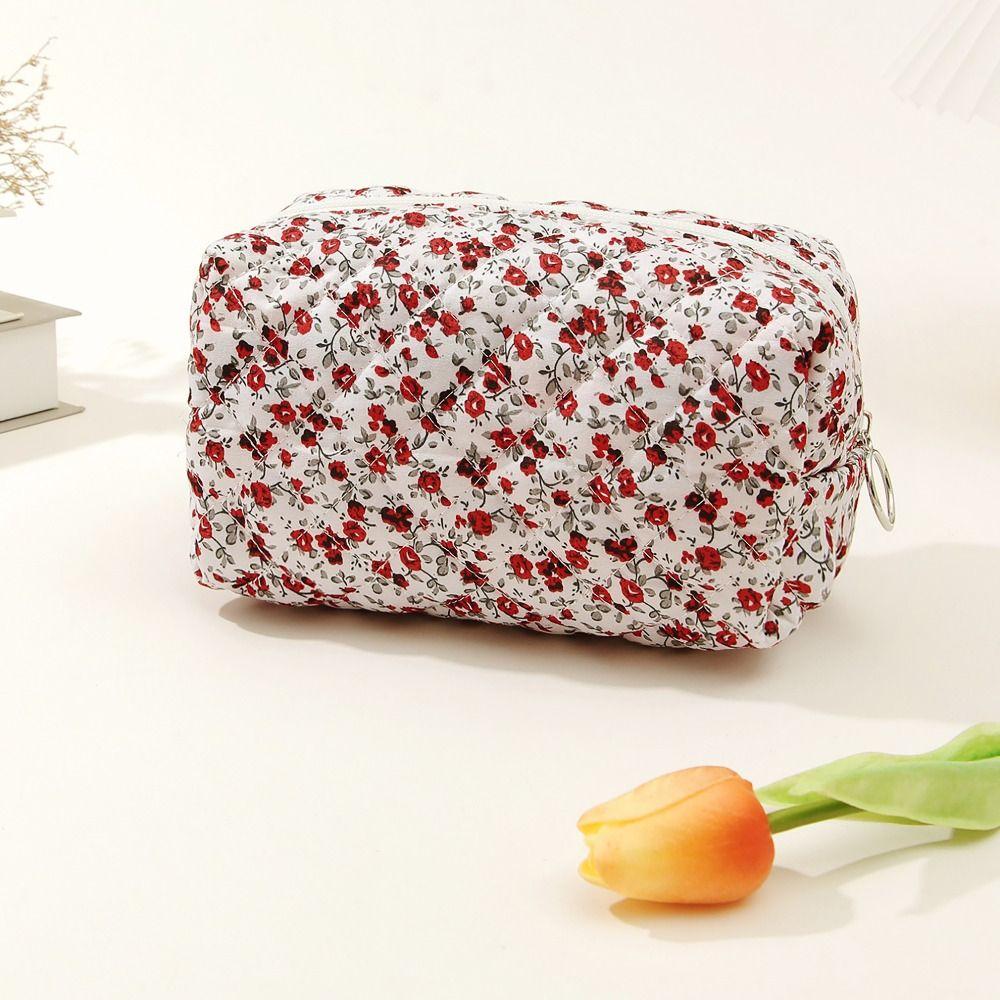 Cotton Floral Puffy Quilted Makeup Bag Flower Printed Toiletry Handbag  Women Girls