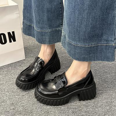 Внутренняя платформа на танкетке, маленькие кожаные туфли, женские, в британском стиле, весна и осень 2025, новые лоферы, туфли-маффины на одной педали, женские одинарные туфли