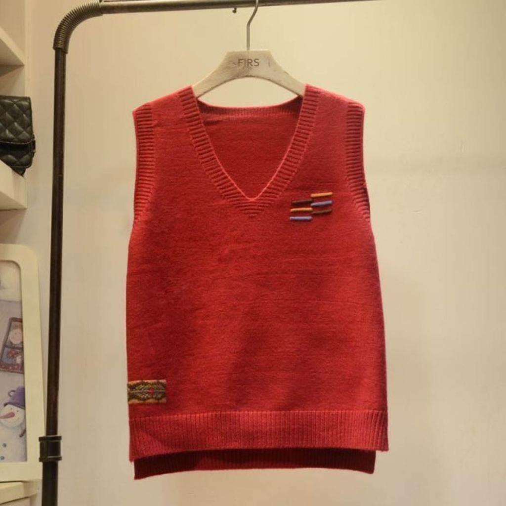 Жаккардовый вышитый трикотажный контрастный топ-майка с V-образным вырезом, студенческий женский жилет без рукавов, свитер-пуловер