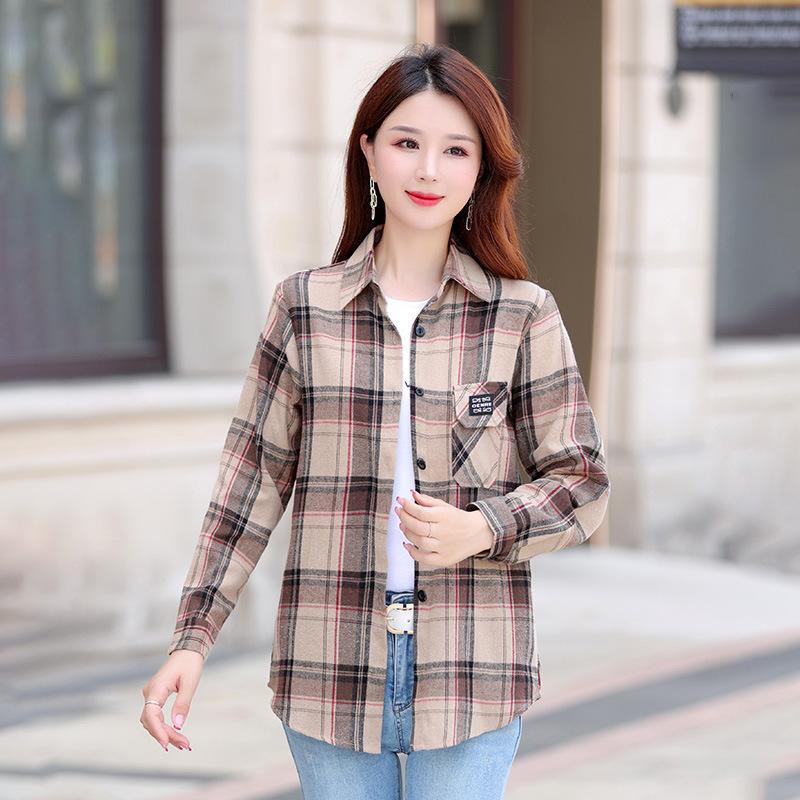 Women's Medium Length Striped Shirt Stand-up Plaid Shirt Casual Loose Shirt Office Shirt