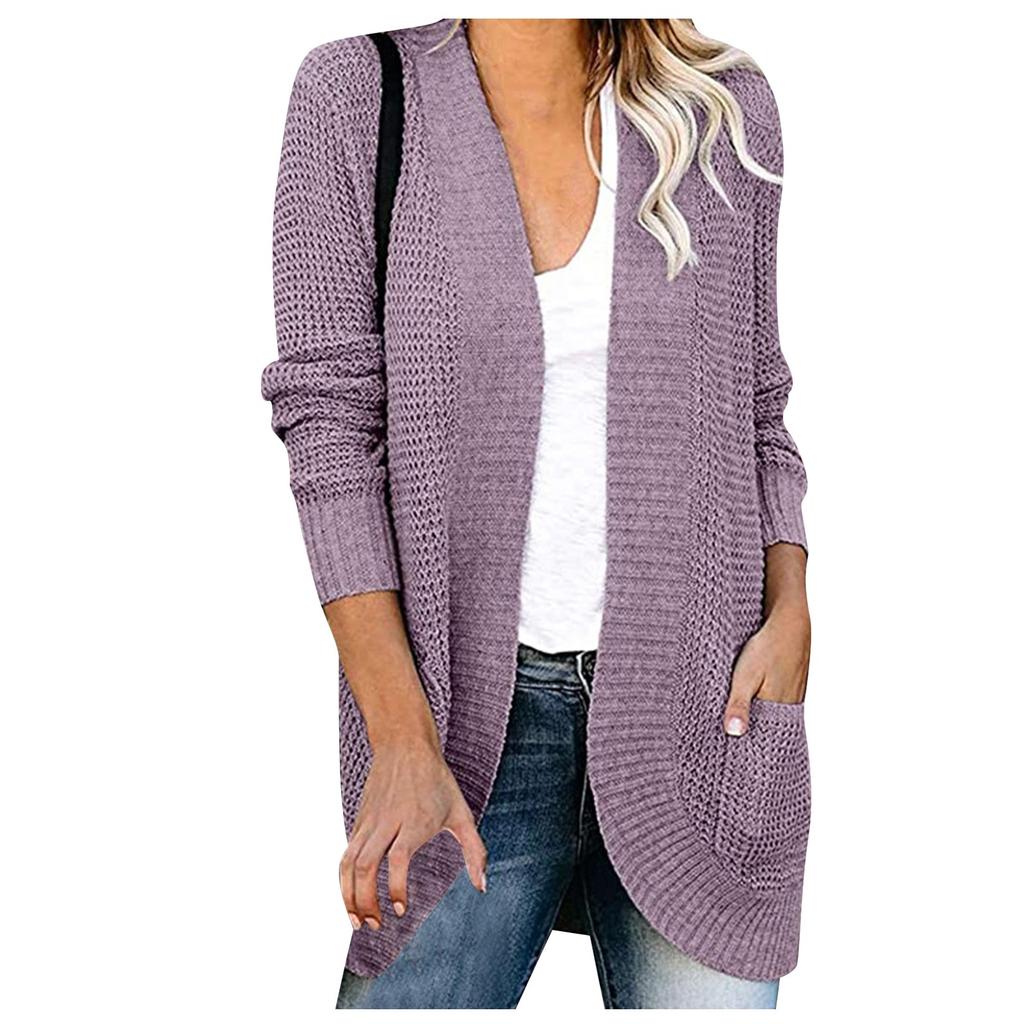 Женский повседневный свитер, однотонный свитер средней длины с длинными рукавами, женское пальто