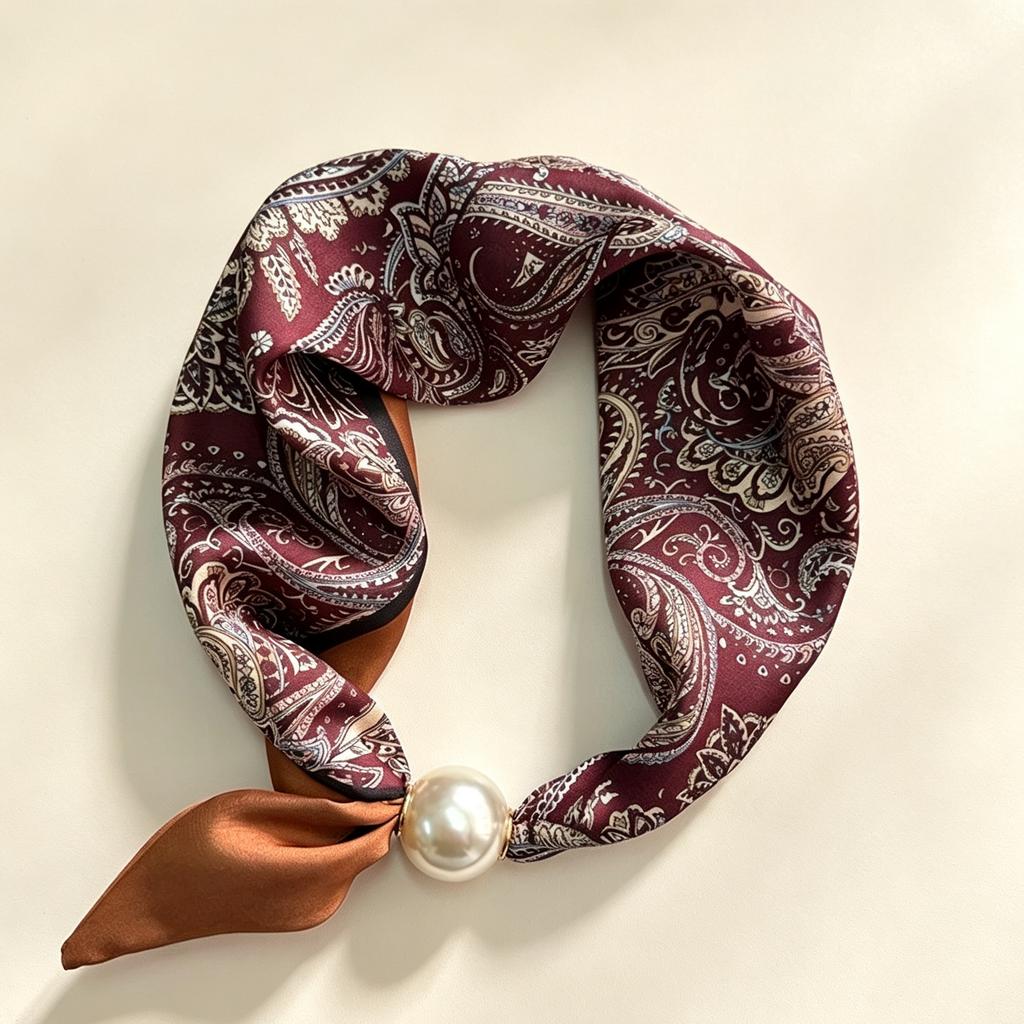 Spring and Summer French Light Luxury Small Square Scarf Pearl Necklace Magnetic Buckle Lazy Silk Scarf Women's Scarf Collarbone Chain Scarf