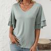 Summer New Solid Color V-neck Ruffle Sleeve Short Sleeved T-shirt Top for Women