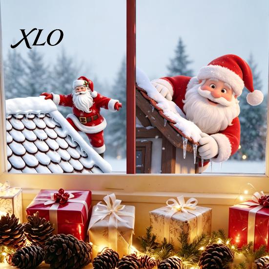 Winter Window Stickers Christmas Climbing Santa Cling, Roof Claus Static Xmas Decorative Decal, Reusable Glass Sticker for Holiday Party PVC Clings