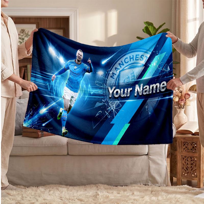 Erling Haaland Personalized Fleece Blanket With Football Logo, Custom Name Text Soft Warm Home Throw Blanket