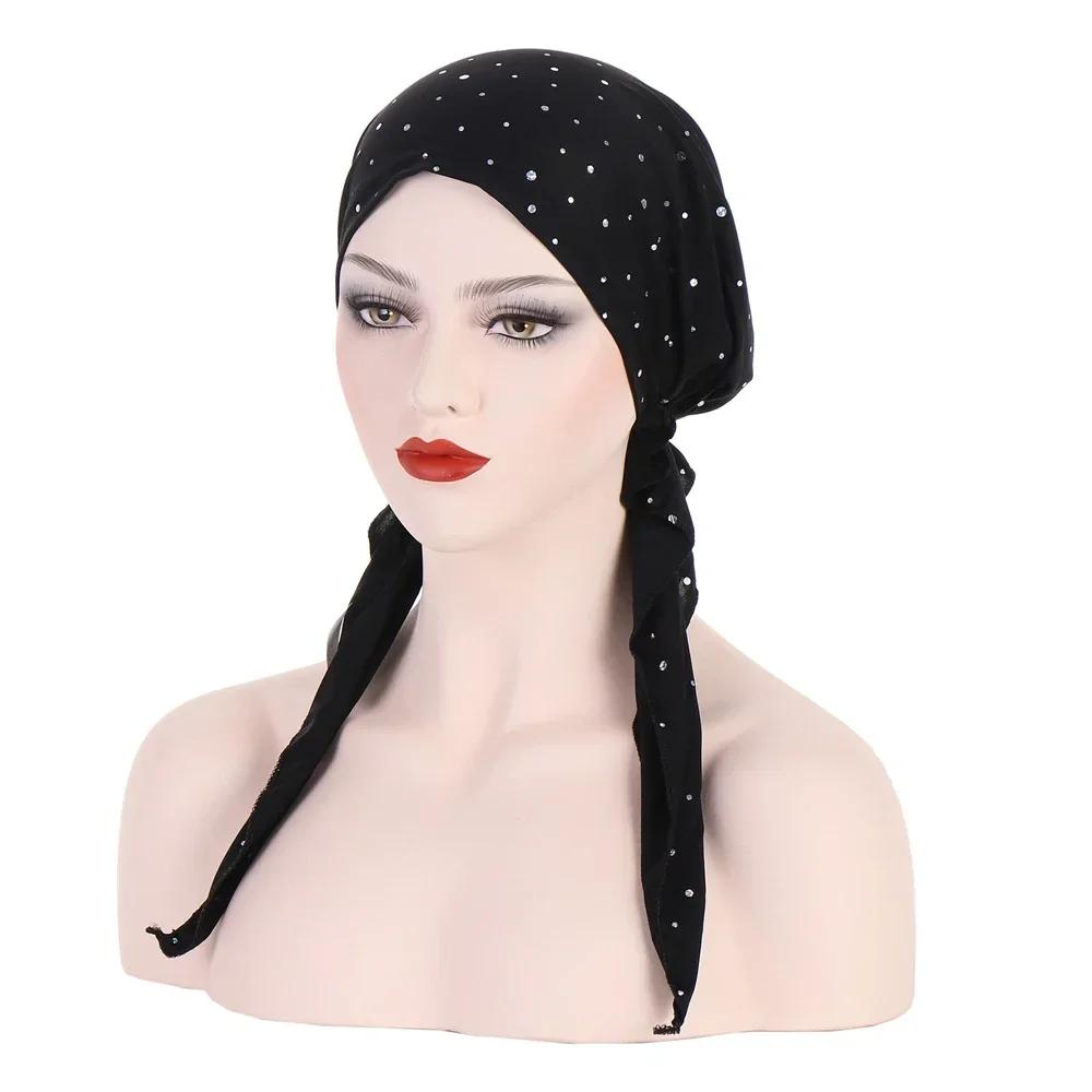 New Shimmer Pre-Tied Hat Women Muslim Hijab Turban Long Tail Headscarf Beanies Bonnet Hair Loss Chemo Cap Head Wrap Bandanas