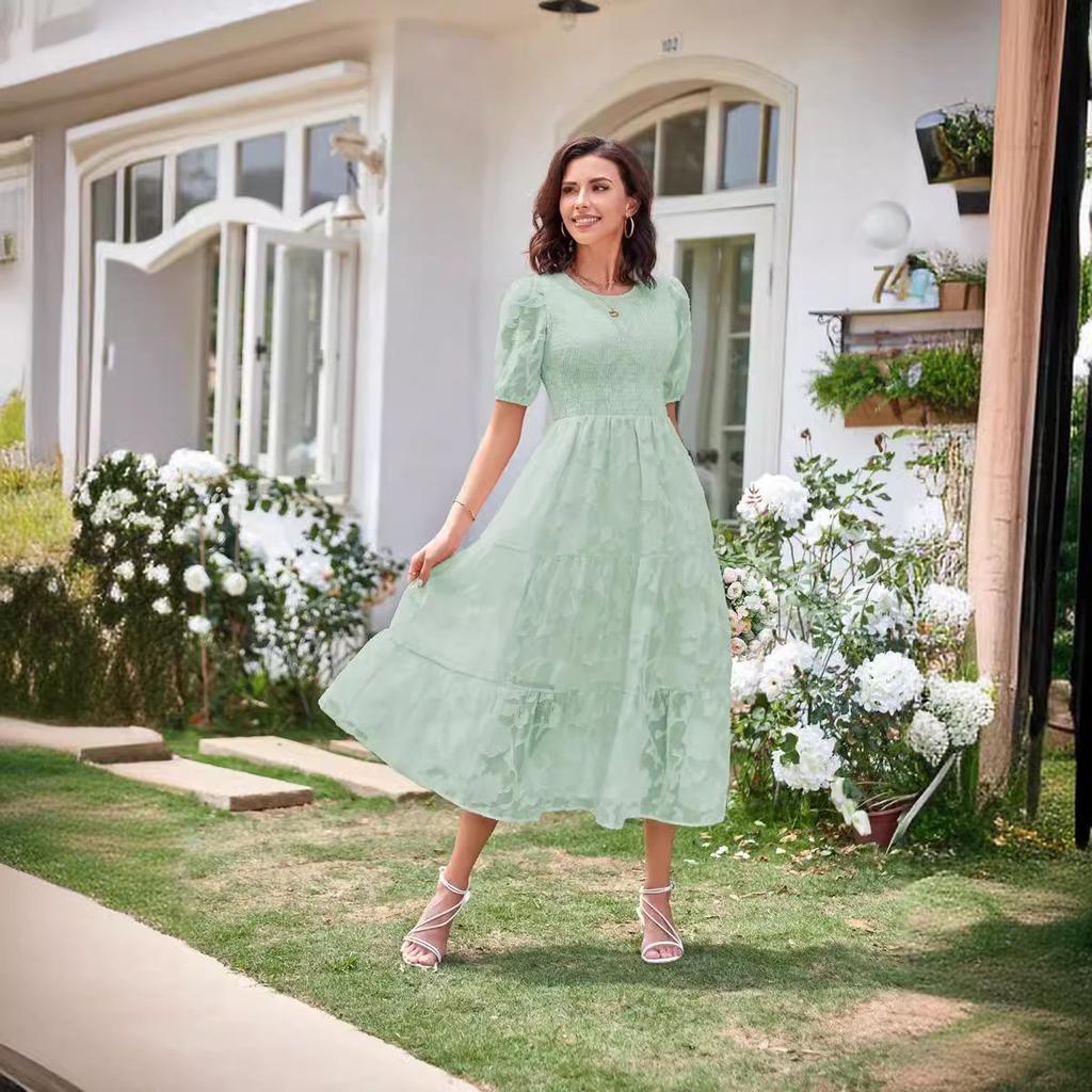 Летнее женское платье с круглым вырезом, плиссированные многослойные платья с цветочным принтом и рукавами-пузырьками