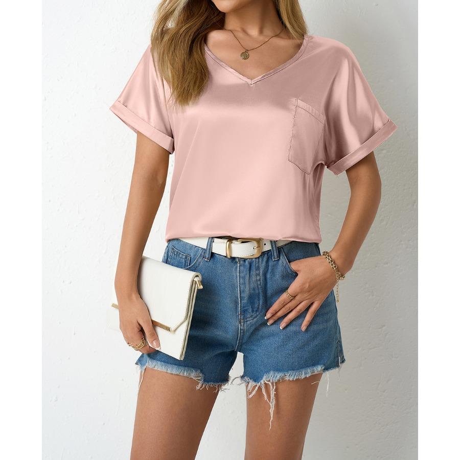 Женские весенние и летние однотонные атласные топы со свободными карманами и загнутыми короткими рукавами, повседневные блузки и рубашки