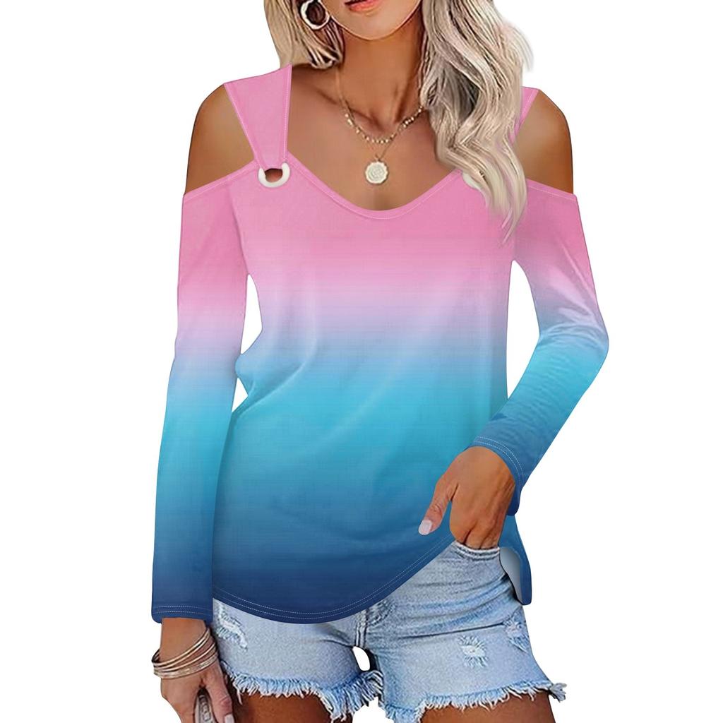 Women's Casual Shirt Blouse Print V-neck Sexy Cold Shoulder Long Sleeve Top