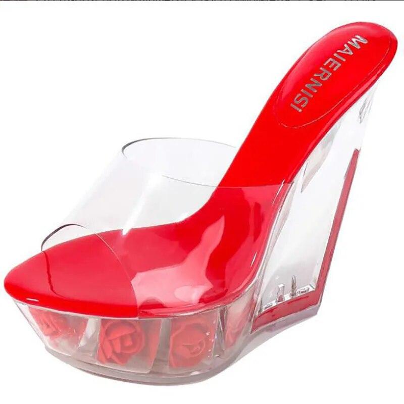 Sexy Ultra-high Heel Cool Slippers High Transparent Slope Crystal Waterproof Platform Sexy Open-toed Sandals WZ