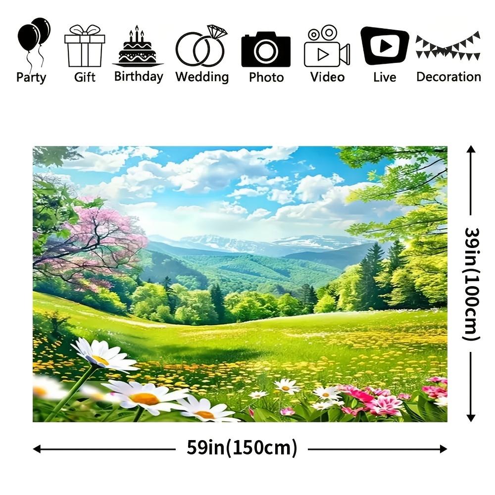 2D plane, 1pc large spring meadow flower background with lush green hills, wildflowers and daisies - Easter