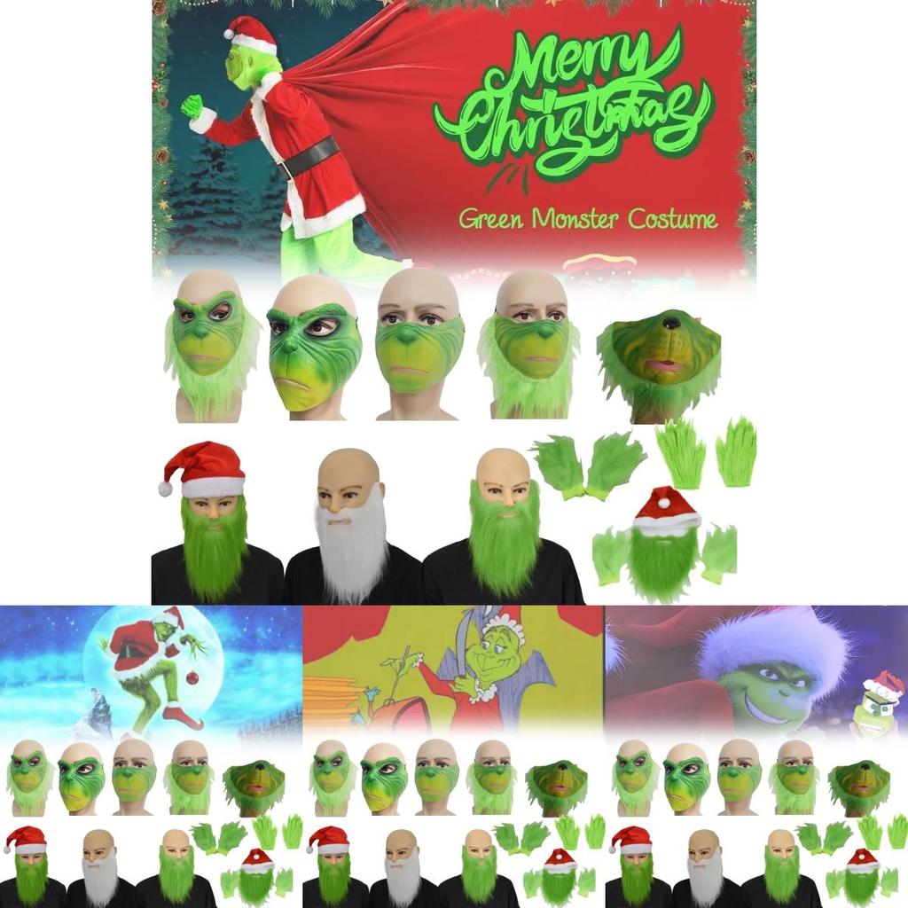Маска Гринча на пол-лица с зелеными волосами и причудливым дизайном для рождественских празднований