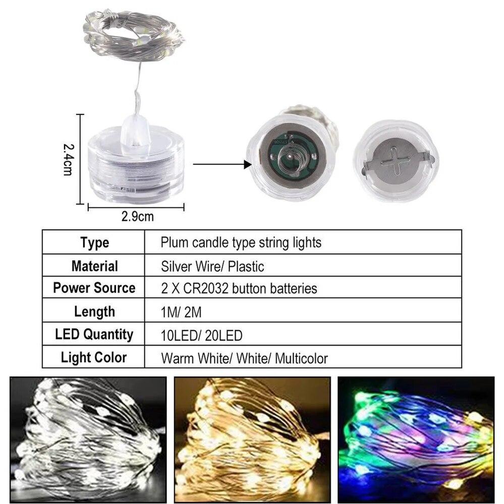 LED String Light Underwater Lamp 1m 2m LED Button Battery Holder Candle Copper Wire String Lights Plum Shaped Waterproof
