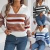 Women's Jumper Lapel V Neck Long Sleeve Striped Color Block Knitted Pullover Sweater Knit Pullover Tops Knitwear