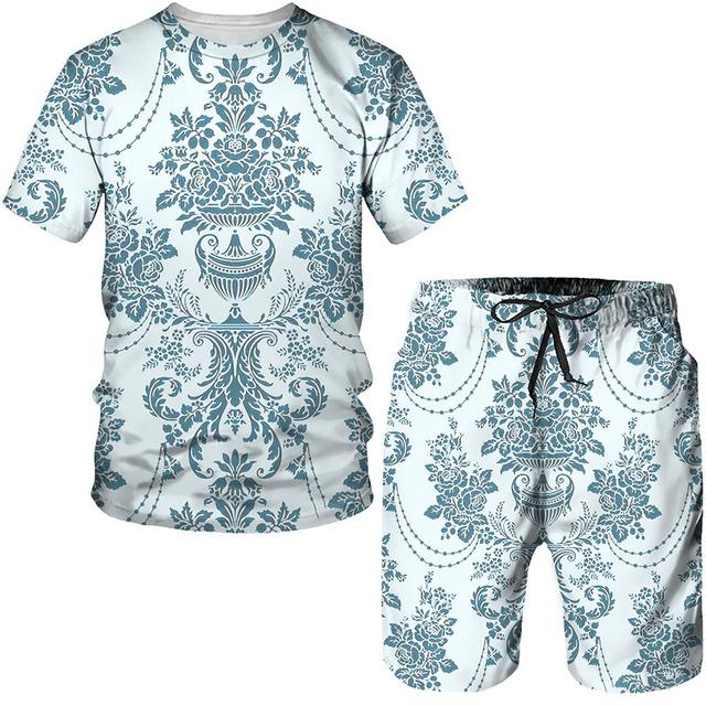 Винтажный узор с 3D принтом для мужчин, летние футболки с короткими рукавами + шорты, комплект из 2 предметов, наряд для пары, стильный хипстерский уличный костюм