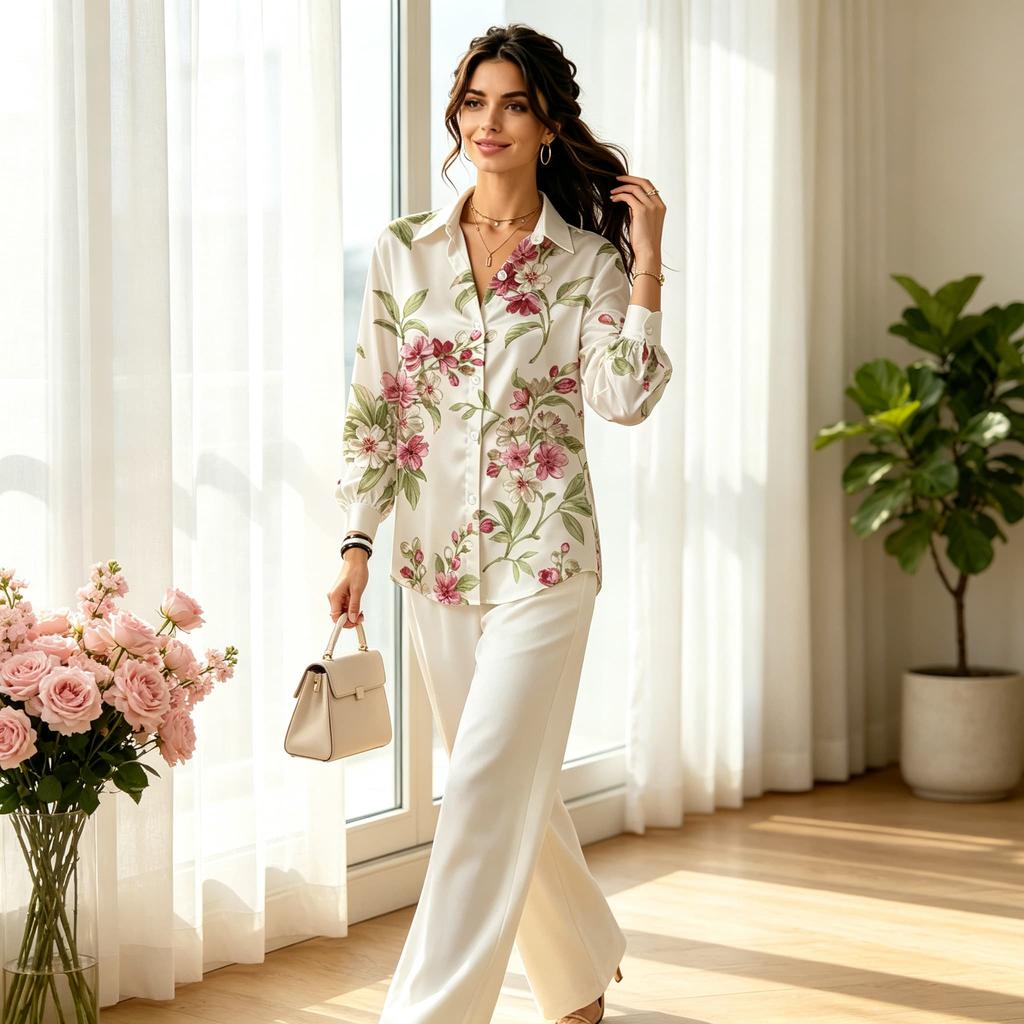 Women's satin lapel long-sleeve shirt with pink cherry blossom print on off-white base, soft fresh style, for dating, office and travel