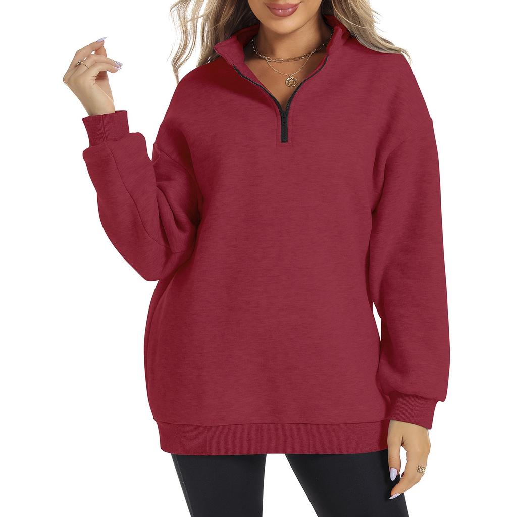 Women's Half Zipper Long Sleeve Sweater Pullover Solid Color Loose Casual Sports Sweater