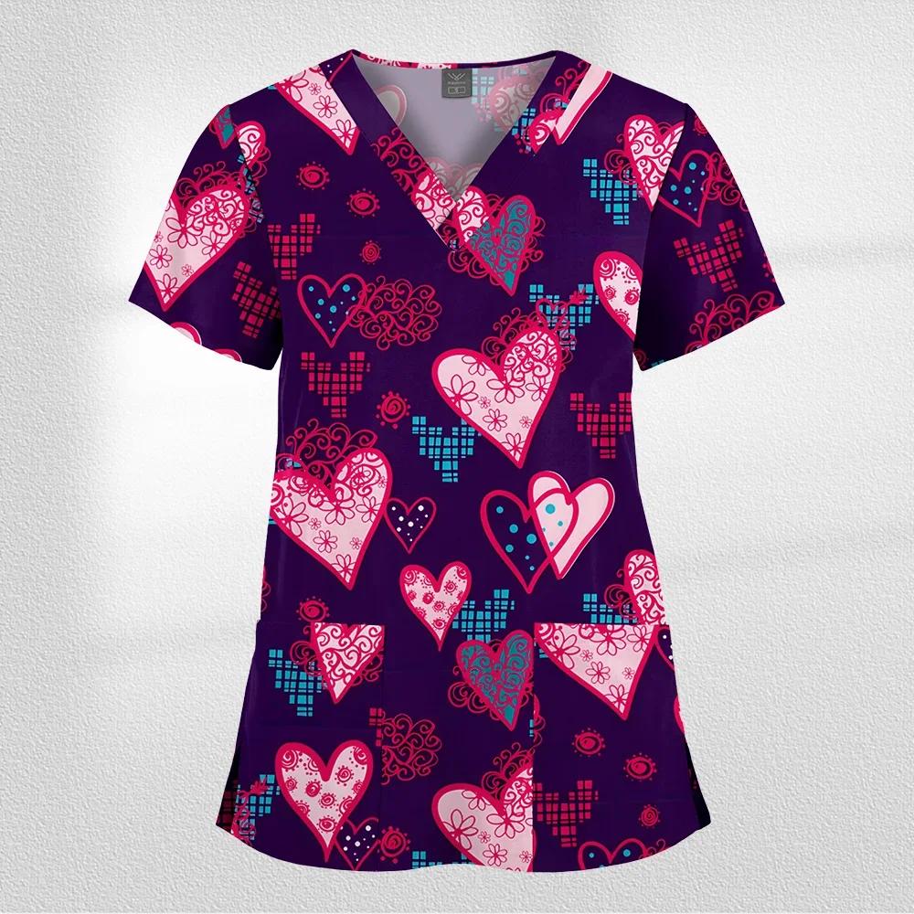 Women Working Uniform Cartoon Animal Print Short Sleeve V-neck T-shirt Tops Femme Blouse Nurse Work Wear Size XXS-6XL