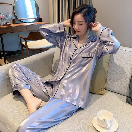 Женская пижама из шелка Ice Silk Plaid 2024 года, весна/лето — комплект из двух предметов с длинными рукавами