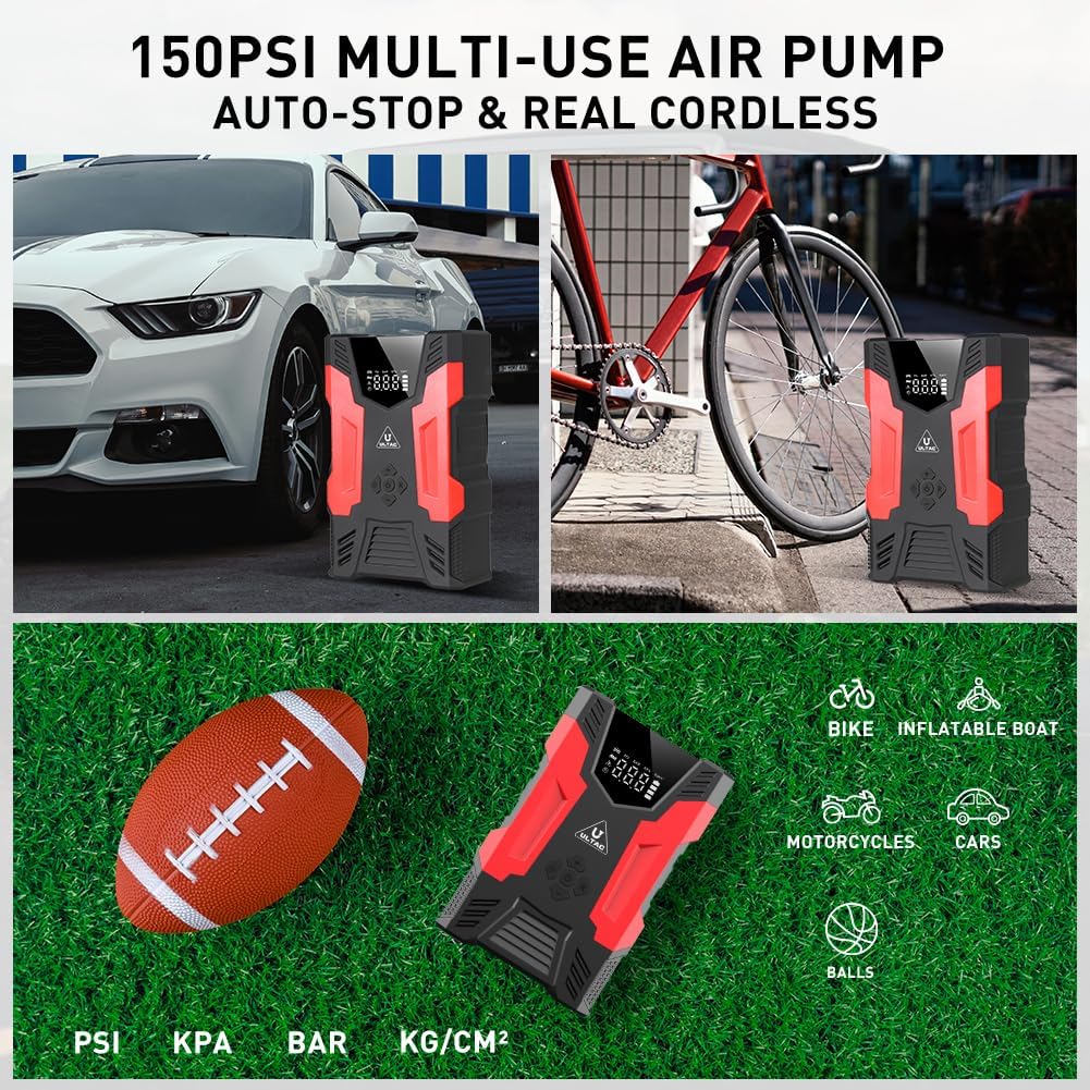 Пусковое устройство с воздушным компрессором Портативный пусковой блок для автомобильного аккумулятора 150 фунтов на кв. дюйм 12 В Воздушный насос с воздушным компрессором Портативный блок питания Зарядное устройство ЖК-дисплей