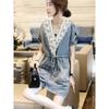 Summer Women Denim Dress Slim Fit Tie Waist V Neck Straight Cut Fashion European Style