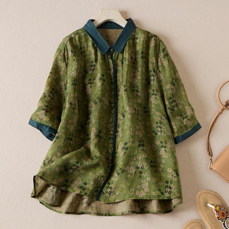 Summer Oversized Flesh Blocking Western Style Printed Collar with Five Quarter Sleeves Women's Cotton Linen Shirt Blouses & Shirts