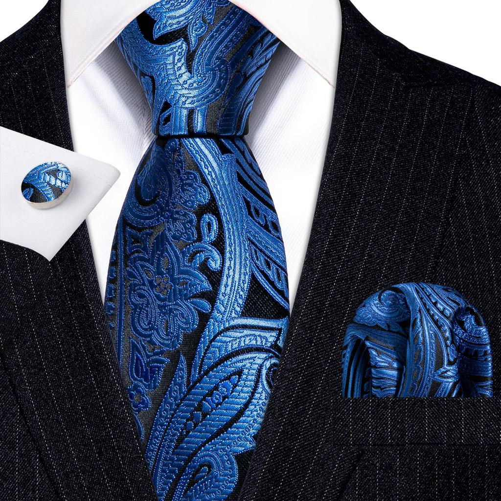 Barry.Wang Mens Ties Fashion Paisley Jacquare Silk Hanky Cufflinks Neckties Set Formal Casual