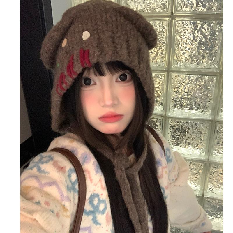 Cute Bear Hat for Women in Autumn and Winter Warm and Face Friendly Small Ear Protection Hat  Buttoned Beanie Plush and Fluffy