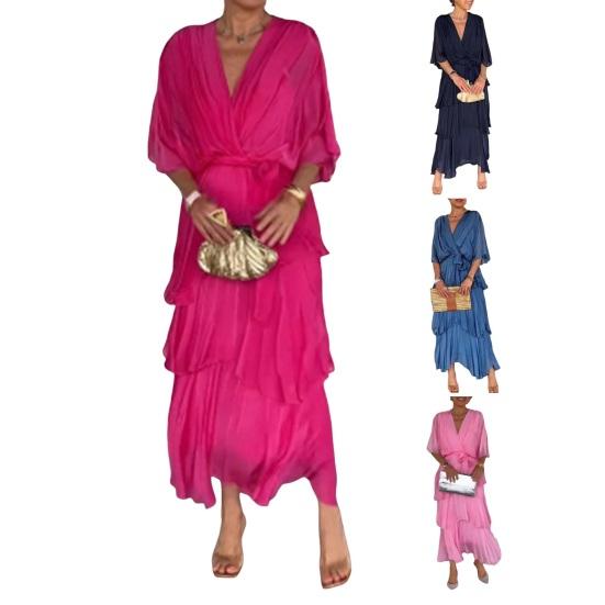 Женское летящее шифоновое платье для гостьи на свадьбе, с оборками, рукавом до локтя, завышенной талией, присборенное платье-запа́х, V-образным вырезом, многоярусное платье-свинг