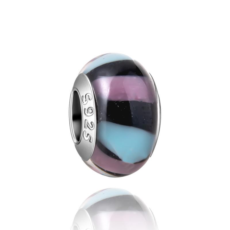 Муранское стекло Серия стерлинговое серебро 925 пробы Медный павлин синий и лепесток цветка Вращается Шарм Подходит для браслета Женские изящные циркониевые аксессуары