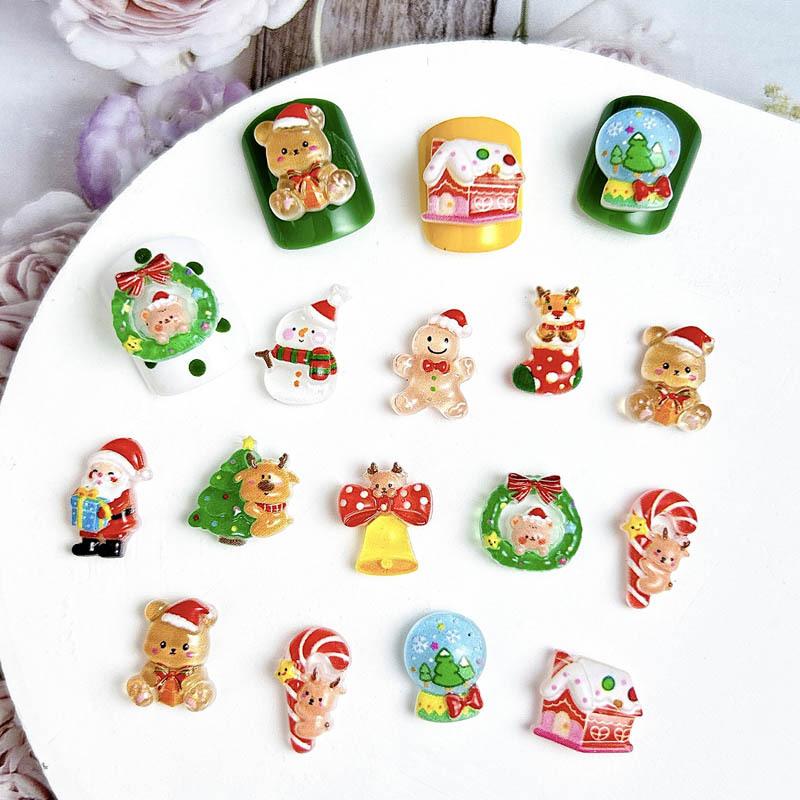 New Christmas Cartoon Luminous Nail Art Accessories 3D Santa Claus Wreath Bell Resin Wearable Nail Decorations