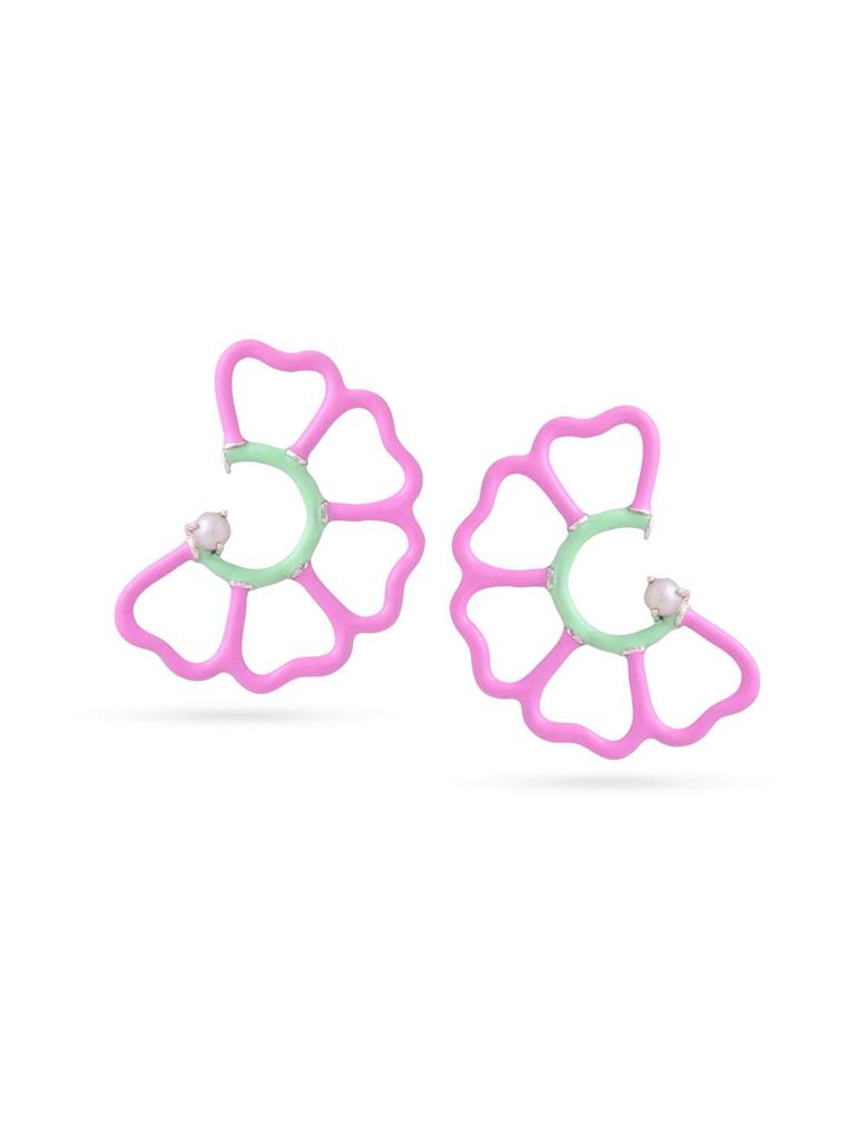 Kicky and Perky 925 Sterling Silver Pink and Green Enamel and Studded with Pearl Floral Stud Earring for Women