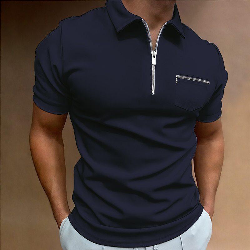 Summer Men's Polo Shirt Solid Colour Pocket Short Sleeve Lapel T-shirt Casual Fitted Tops for Men