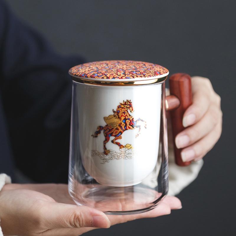 Стеклянная кружка 400 мл с керамическим фильтром-вкладышем для разделения чая и воды, чашка для заваривания чая