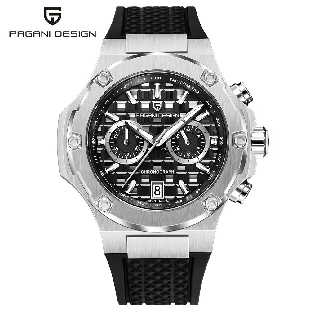 PAGANI DESIGN Newest Quartz Watches VK64 AR Sapphire Glass 200m Waterproof 44MM Chronograph Rubber Watches for Men