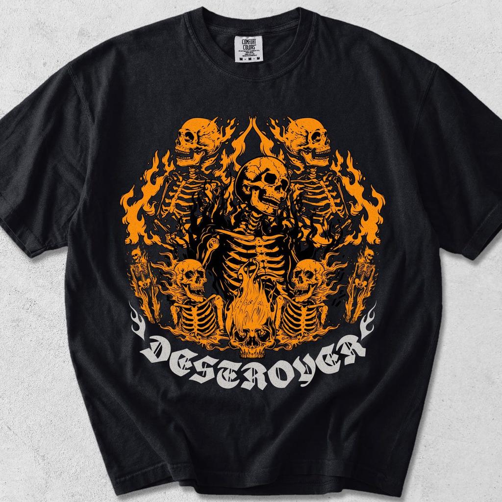 Destroyer Skull Graphic T-Shirt, Y2k Goth Retro Hand Drawn Tee, 2000s Horror Clothes