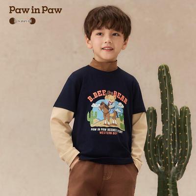Детская футболка с длинным рукавом PawinPaw для мальчиков, мультяшный мишка, имитация двух предметов