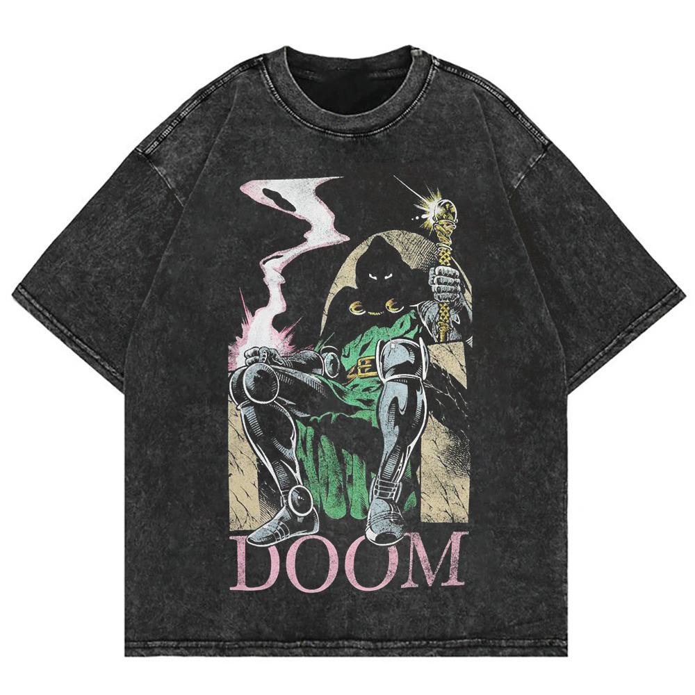 Dr Doom on Throne Washed T Shirt Men Vintage Emperor Graphic Tee Oversized Cotton Retro Dark Streetwear Short Sleeve Top