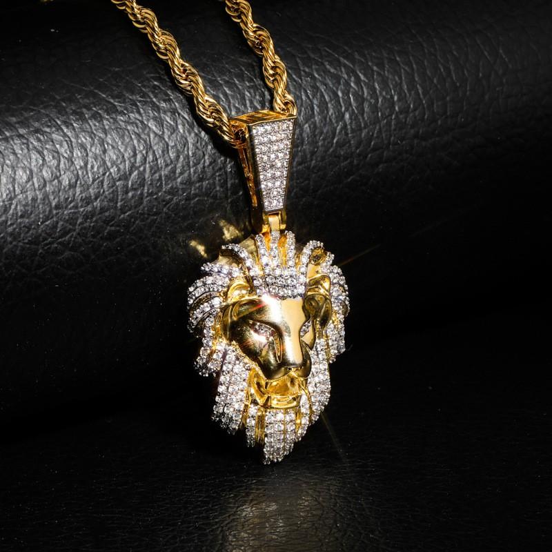Hip Hop Lion Head Pendant Necklace Gold Plated Micro Pave Zircon Trendy Mens Jewelry