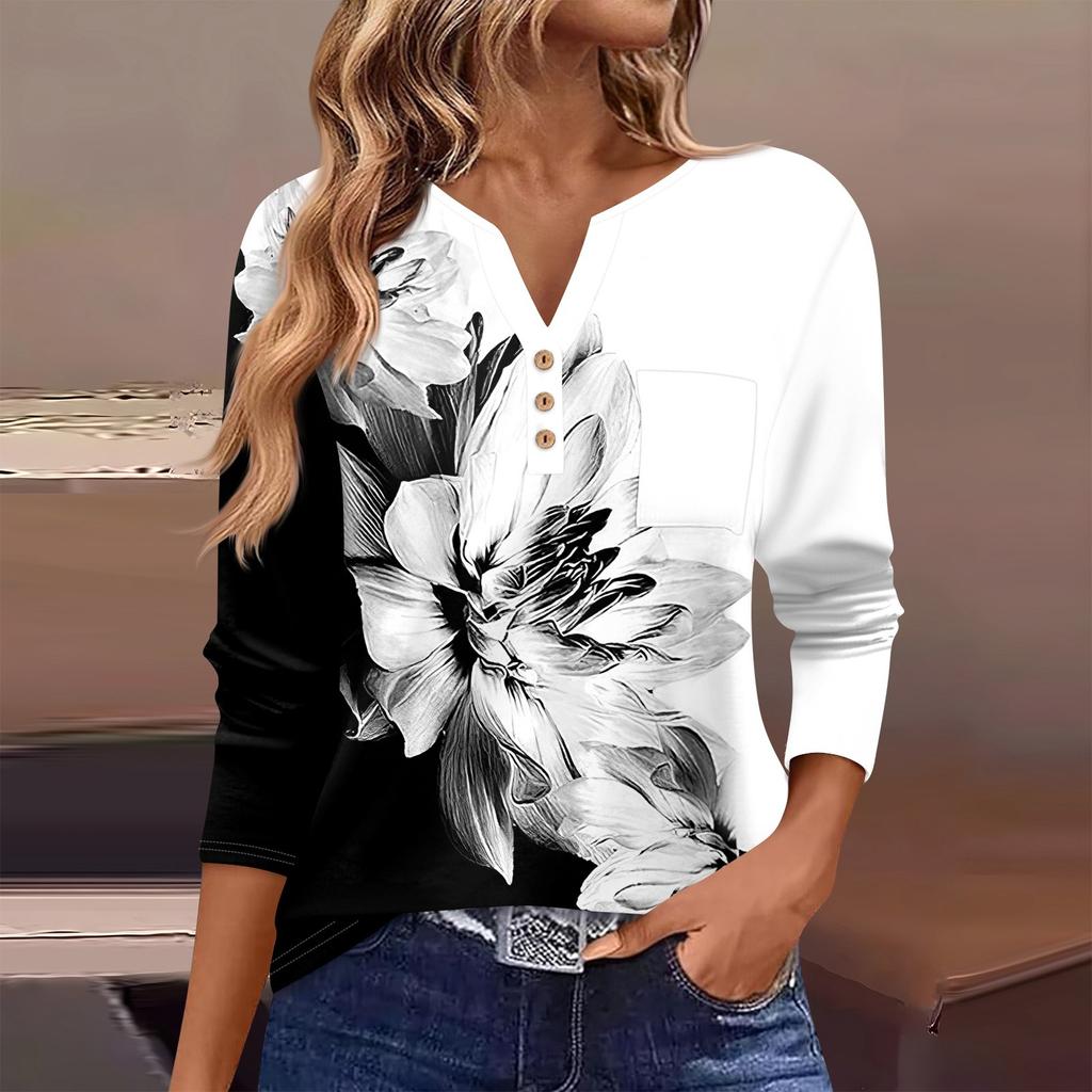 Женская футболка с длинным рукавом на пуговицах, повседневная, выходного дня, модная, базовая, с V-образным вырезом, обычная, с карманом