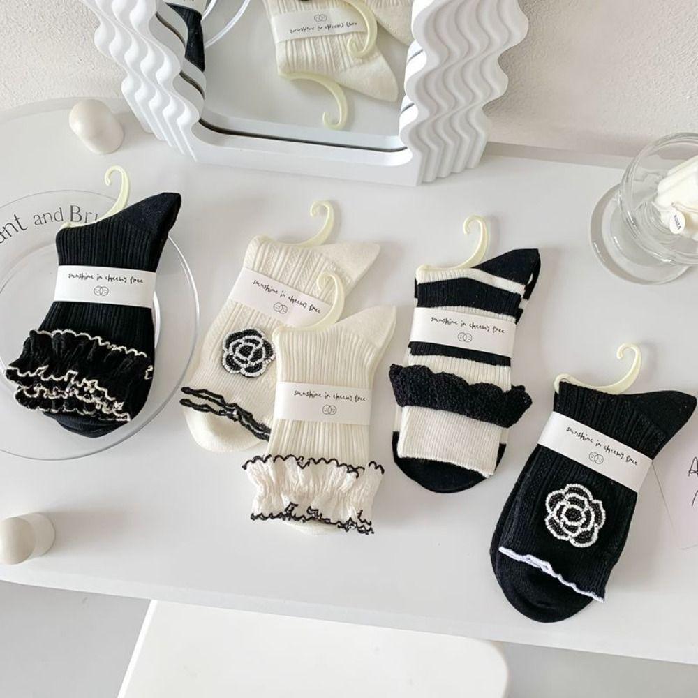 Warm Comfortable Trendy Thick Flower Ruffle Frilly Middle Tube Women Camellia Socks Cotton Hosiery Korean Style Socks