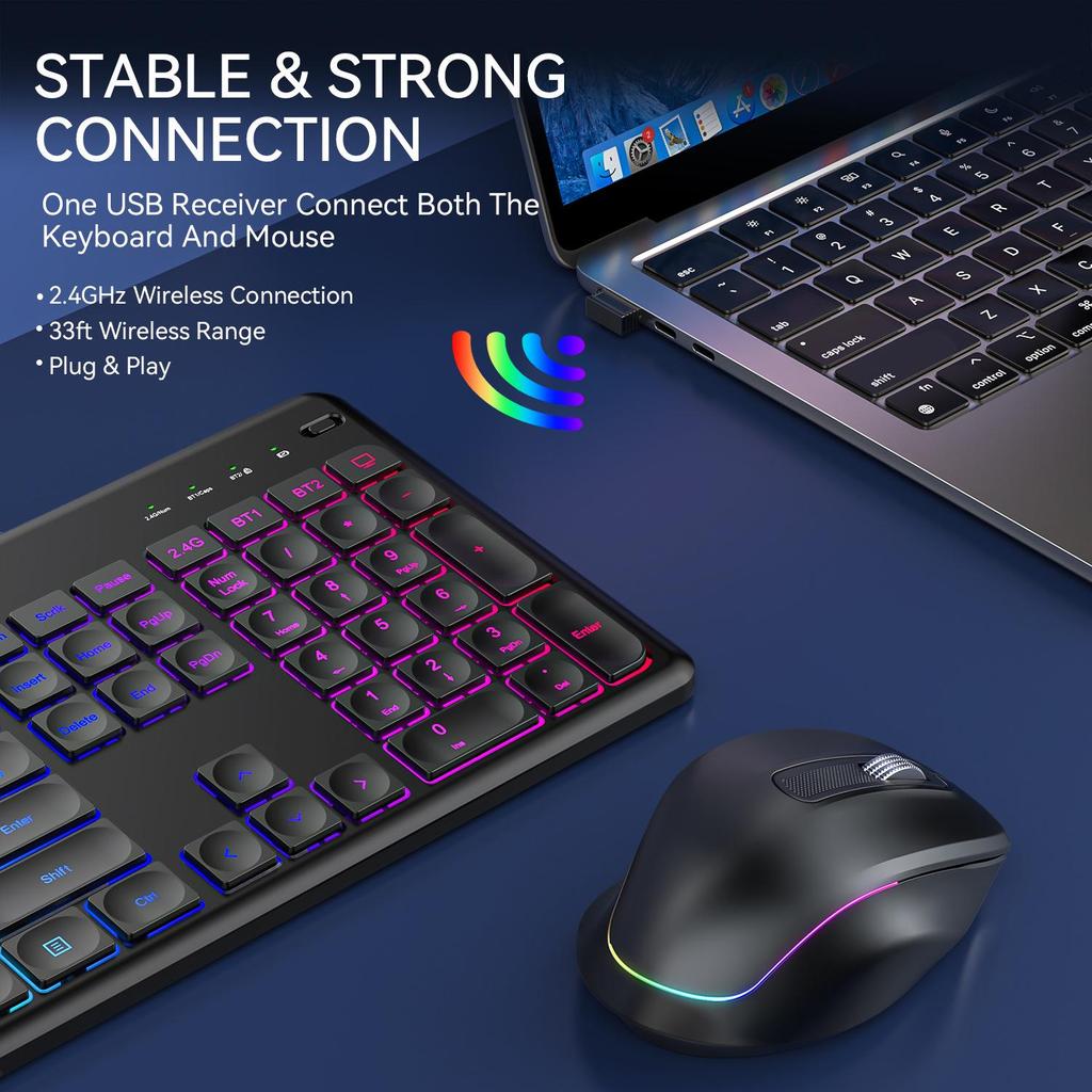 JOMAA RGB-подсветка, Беспроводной бесшумный комплект клавиатуры и мыши, Перезаряжаемый, для офисного использования.