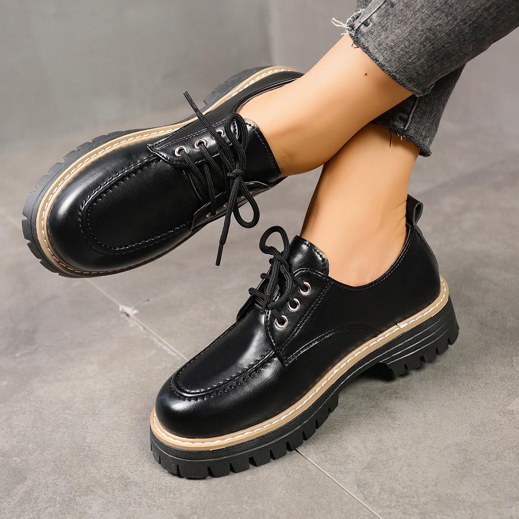 Fashion Plus Size 43 Women's Lace Up Loafers Spring and Autumn Fashion British Style Versatile Thick Sole Low Heels Small Leather Shoes
