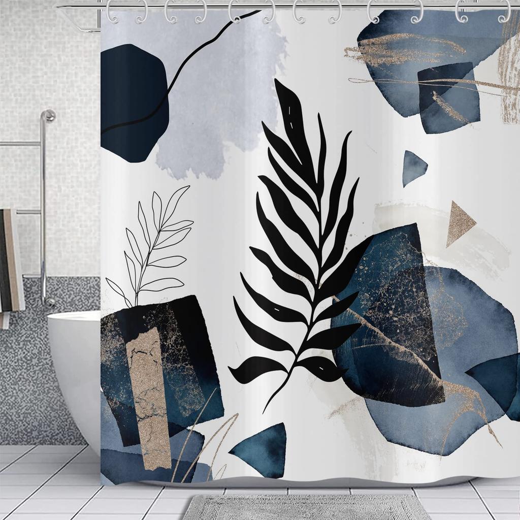 Занавеска для душа в стиле бохо, темно-синяя, черная, современная, с геометрическими листьями, занавеска для ванны с крючками, минималистичная эстетичная занавеска для душа с растениями для ванной комнаты